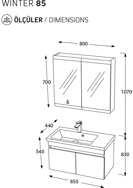 Summer 85CM Mat Antrasit Banyo Dolabı (Ayna+Lavabo+Alt Dolap) indirimleri