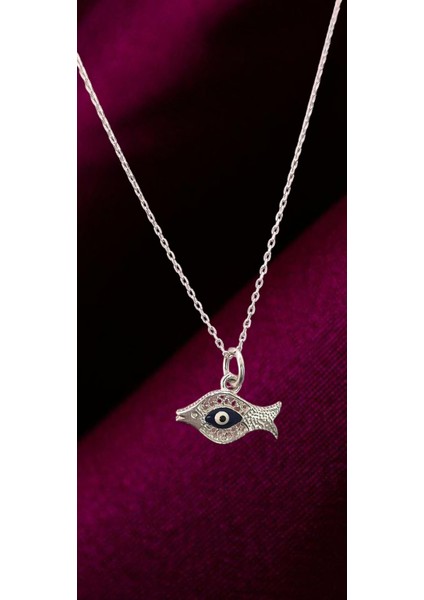 Balık Modeli Gümüş Nazar Boncuklu Kolye UC-566