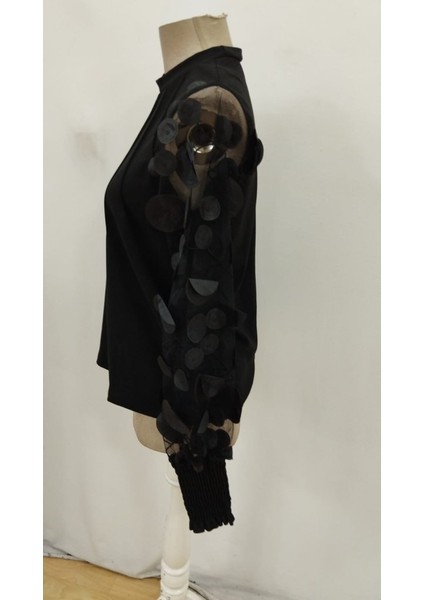 Kadın Bisiklet Yaka Kolları Tül Detay Nervürlü Ithal Krep Bluz indirimleri