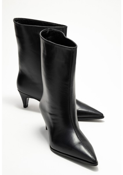 Aleo Siyah Cilt Hakiki Deri Sivri Burunlu Kadın Kısa Topuklu Bot