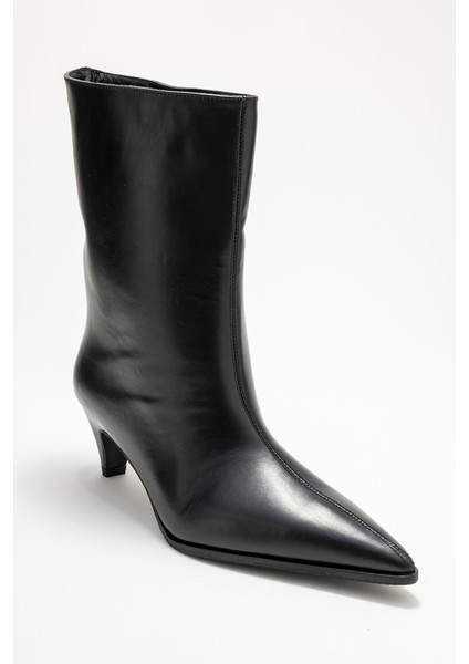 Aleo Siyah Cilt Hakiki Deri Sivri Burunlu Kadın Kısa Topuklu Bot modelleri