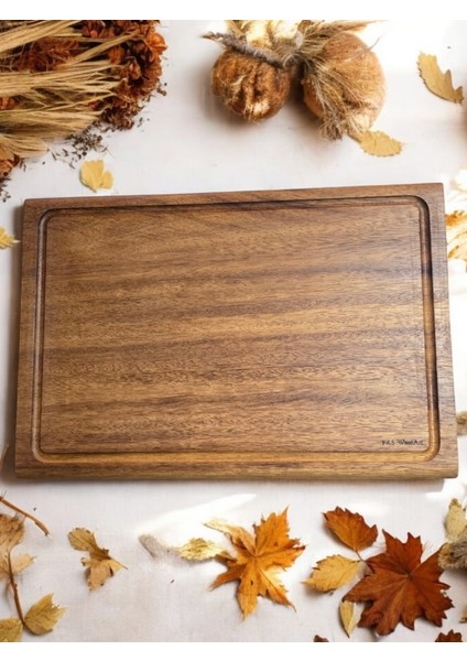 Tek Parça - Eksiz - Masif Steak Board - Oluklu Kesme Tahtası Büyük Boy 40 x 27,5 cm