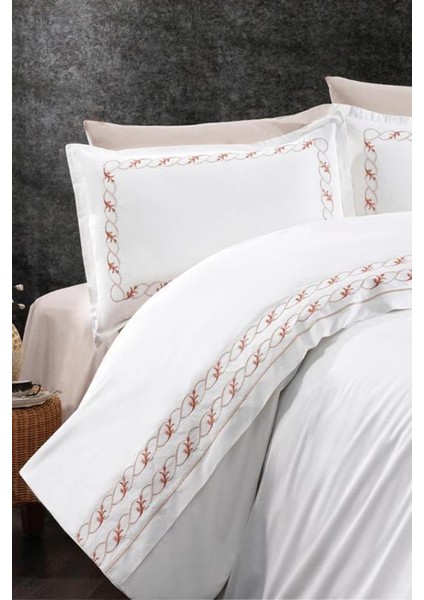 Lale Nakışlı %100 Pamuk Çift Kişilik Nevresim Takımı Tarçın