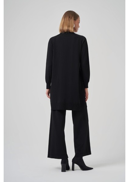 300T Yakası Taş Işlemeli Merserize Tunik Siyah