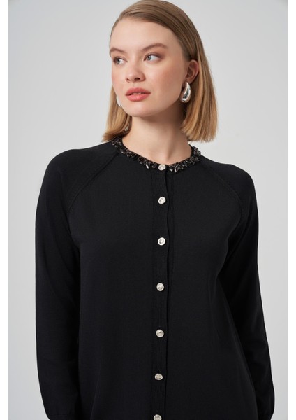 300T Yakası Taş Işlemeli Merserize Tunik Siyah fırsatları
