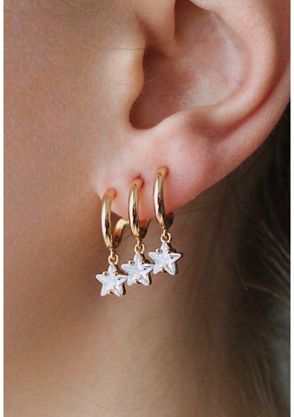 Vip Çelik Üçlü Görünümlü Yıldız Detaylı Halka Küpe