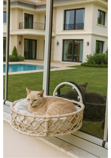Kedi ve Köpek El Örgüsü Vantuzlu Cam Yatağı Kedi Hamağı Puf Minderli Krem fiyatları