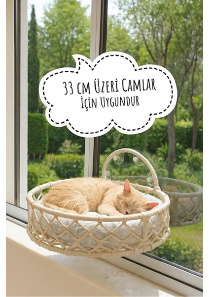 Kedi ve Köpek El Örgüsü Vantuzlu Cam Yatağı Kedi Hamağı Puf Minderli Krem modelleri