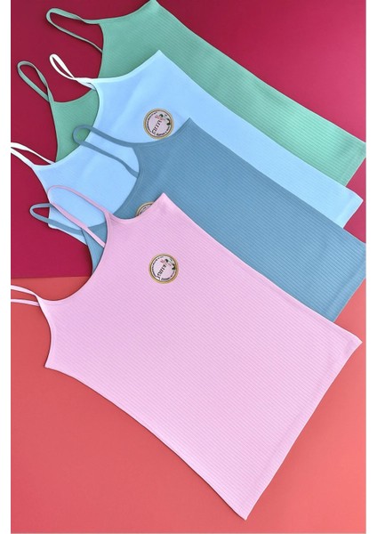 Kadın Atlet- Bluz Pamuklu, Likralı Fitilli 4 Adet Ip Askılı Atlet Yeşil, Gri, Pembe,beyaz (Kota)