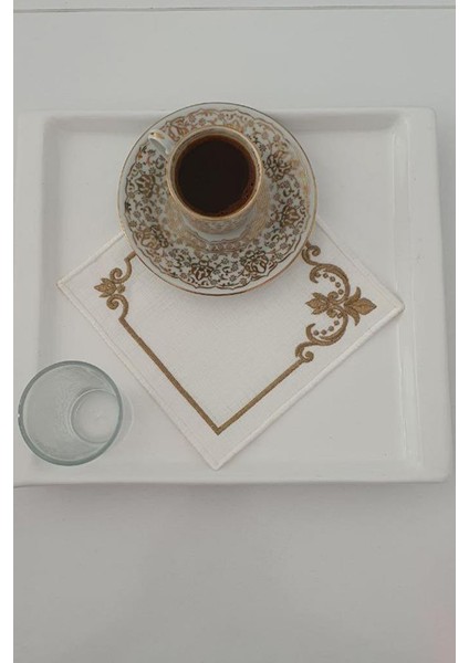 Osmanlı Nakışlı Keten Kare Bardak Altlığı Seti 6 Lı