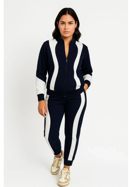 Kadın Premium Parçalı Eşofman Takım - Dik Yaka Fermuarlı Sweatshirt - Siyah