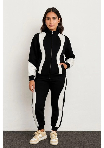 Kadın Premium Parçalı Eşofman Takım - Dik Yaka Fermuarlı Sweatshirt - Siyah fırsatları