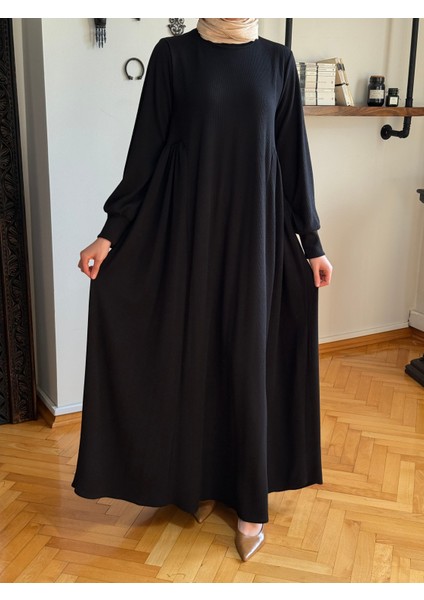 Siyah Yandan Büzgülü Fitilli Örme Elbise 9922 modelleri