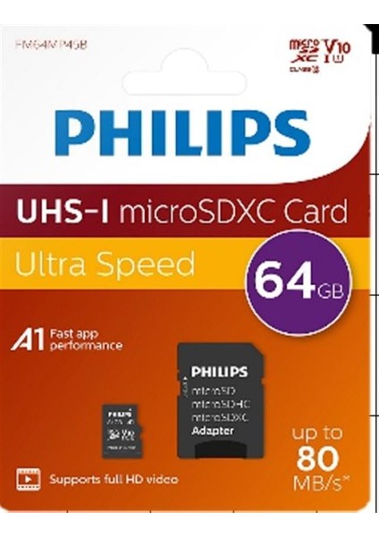 Philips FM64MP45B/00 64GB CLASS10 Uhs-I U1 Tf Adaptörlü Micro Sdxc Hafıza Kartı