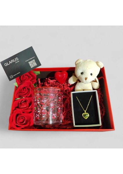 Sevdiklerinize Özel Hediye Kutusu Peluş Ayı Anahtarlık 316L Çelik Kalp Kolye Kiraz Desenli Bardak