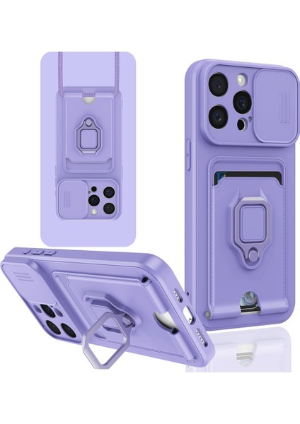 iPhone 15 Pro Max Uyumlu Taşıma Askılı - Kartlıklı - Stantlı - Kamera Korumalı Silikon Telefon Kılıfı
