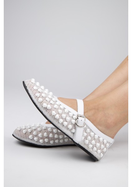 Taş Detaylı Kadın Babet Beyaz