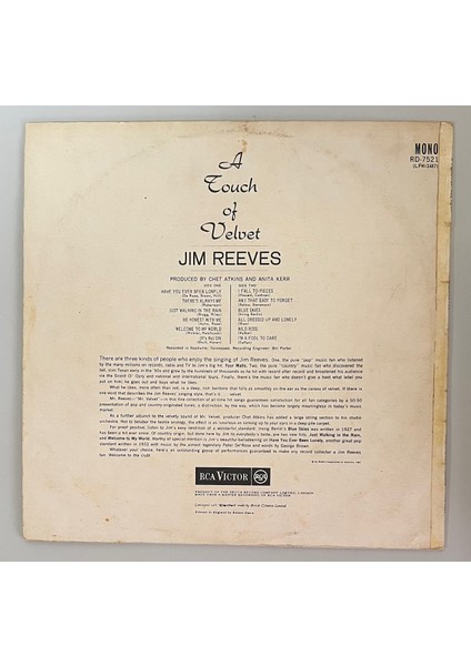 Jim Reeves A Touch Of Velvet Lp Plak (Orijinal 1962 Dönem Ingiltere Baskı Plak) fiyatları
