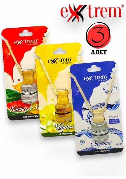 3 Adet Oto Parfümü Karpuz&mango -Vanilya-Okyanus | Ahşap Asma Koku 8 ml x 3 Adet