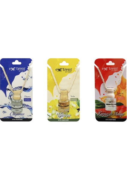 3 Adet Oto Parfümü Karpuz&mango -Vanilya-Okyanus | Ahşap Asma Koku 8 ml x 3 Adet