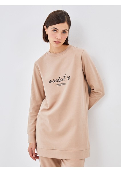Yeni Sezon Bisiklet Yaka Baskılı Kadın Kalın Sweatshirt Tunik