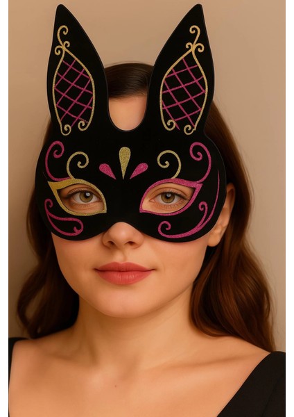 Siyah Renk Kırmızı Gold Simli Siyah Süet Kaplama Tavşan Maskesi 18X16 cm