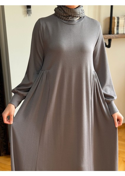 Füme Yandan Büzgülü Fitilli Örme Elbise 9922