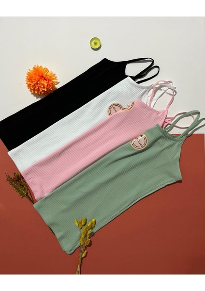 Kadın Atlet- Bluz Pamuklu, Likralı Fitilli 4 Adet Ip Askılı Atlet Yeşil, Pembe, Siyah, Beyaz (Kota)