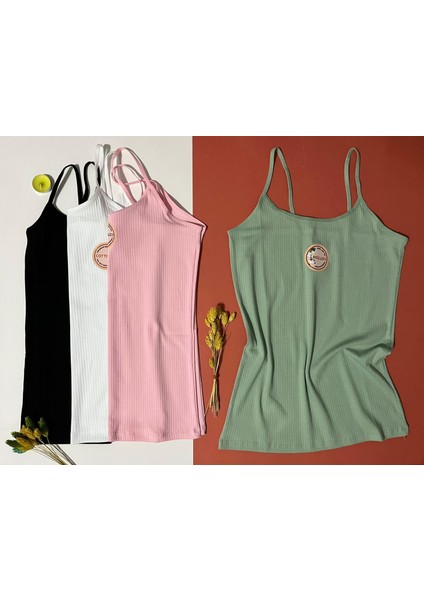 Kadın Atlet- Bluz Pamuklu, Likralı Fitilli 4 Adet Ip Askılı Atlet Yeşil, Pembe, Siyah, Beyaz (Kota) fiyatları