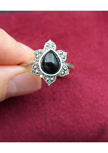 925 Ayar Kadın Gümüş Oltu Taşı Yüzük SY00042 fırsatları