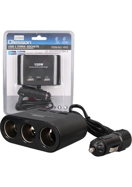 Olesson 1653 12-24V Çift USB + Type-C Girişli 100W 70CM Kablolu 3'lü Araç Çakmak Çoklayıcı
