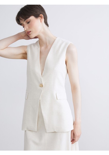 Yeni Sezon V Yaka Keten Karışımlı Kadın Klasik Yelek