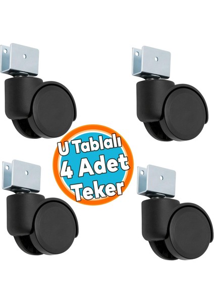 4 Adet Dönerli Koltuk Tekeri Kısa U Tablalı Siyah Metal Gövde Dayanıklı 360 Derece Döner Mekanizma