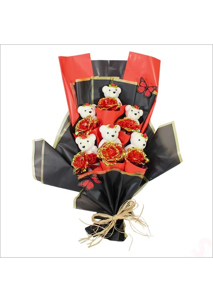Sonsuzluk Güllü ve Strafor Ayıcıklı Buket, 60CM x 40CM - Kırmızı
