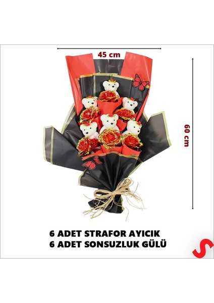 Sonsuzluk Güllü ve Strafor Ayıcıklı Buket, 60CM x 40CM - Kırmızı fiyatları