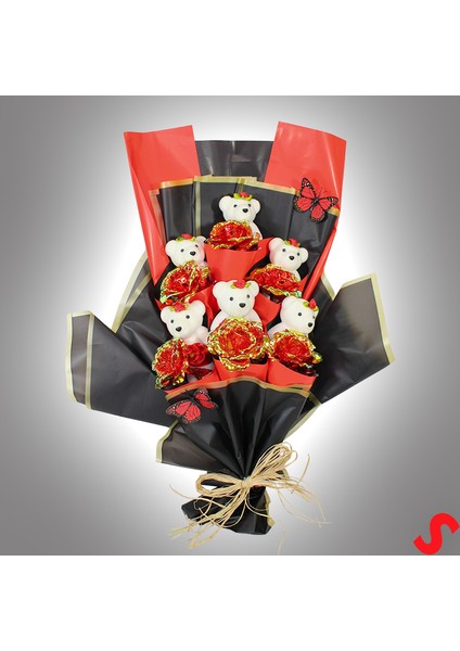 Sonsuzluk Güllü ve Strafor Ayıcıklı Buket, 60CM x 40CM - Kırmızı modelleri