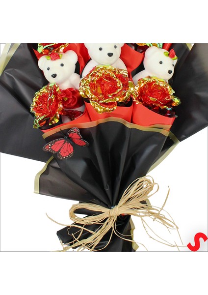 Sonsuzluk Güllü ve Strafor Ayıcıklı Buket, 60CM x 40CM - Kırmızı indirimleri