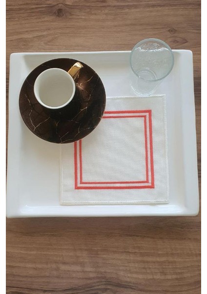 Kırmızılım Nakışlı Keten Kare Bardak Altlığı Seti 6 Lı