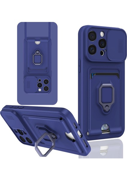 iPhone 15 Pro Max Uyumlu Taşıma Askılı - Kartlıklı - Stantlı - Kamera Korumalı Silikon Telefon Kılıfı