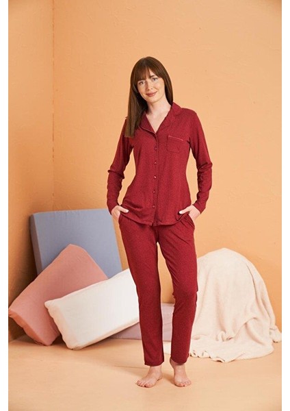 Kadın Bordo Uzun Kollu Pijama Takımı 28090