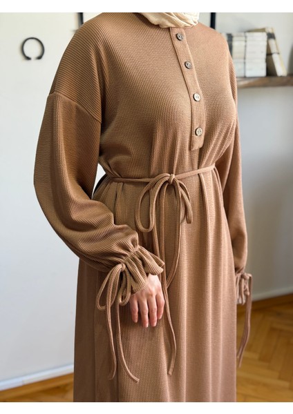 Camel Kol Bağlamalı Düğme Detaylı Örme Elbise 9921