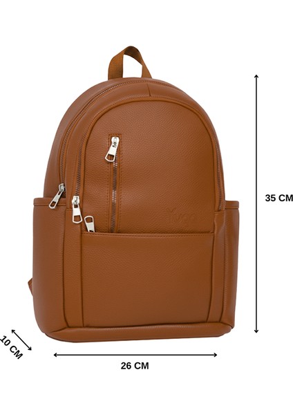 Suni Deri Dört Gözlü Sırt Çantası Taba