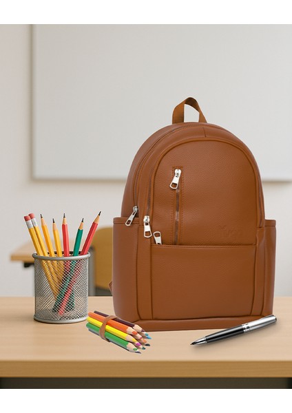 Suni Deri Dört Gözlü Sırt Çantası Taba