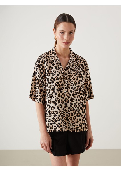 Yeni Sezon Leopar Desenli Keten Karışımlı Kadın Gömlek