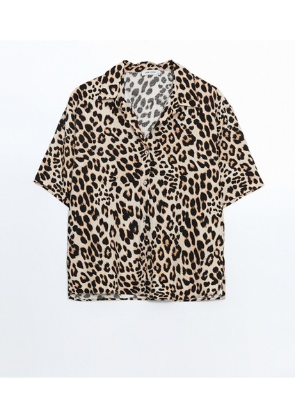 Yeni Sezon Leopar Desenli Keten Karışımlı Kadın Gömlek indirimleri