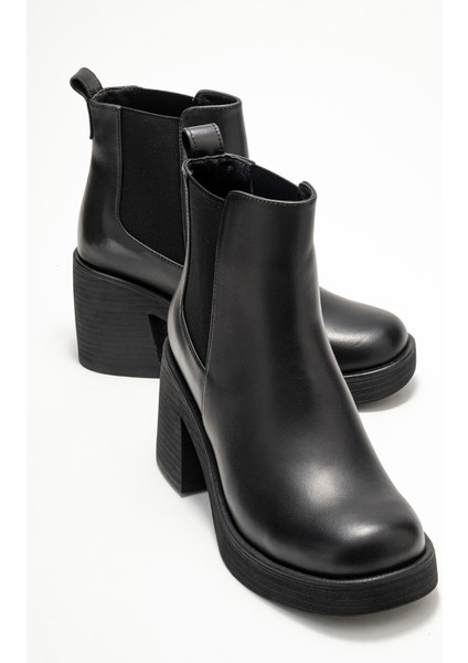 Lysa Siyah Cilt Lastikli Hakiki Deri Kadın Platform Topuklu Bot