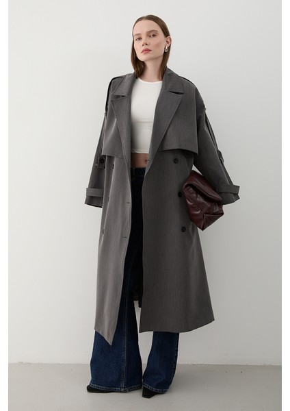 Antrasit Lucky Düğme Detaylı Oversize Trençkot