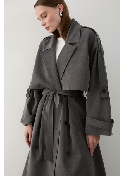 Antrasit Lucky Düğme Detaylı Oversize Trençkot modelleri