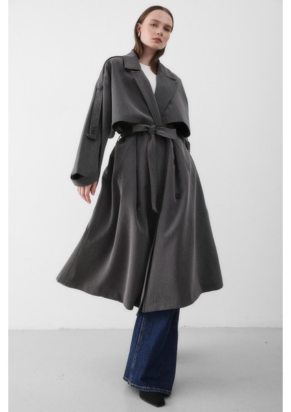 Antrasit Lucky Düğme Detaylı Oversize Trençkot fırsatları