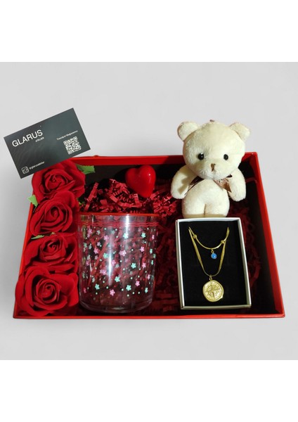 Sevdiklerinize Özel Hediye Kutusu Peluş Ayı Anahtarlık, Pusula 316L Çelik Kolye, Çiçekli Cam Bardak